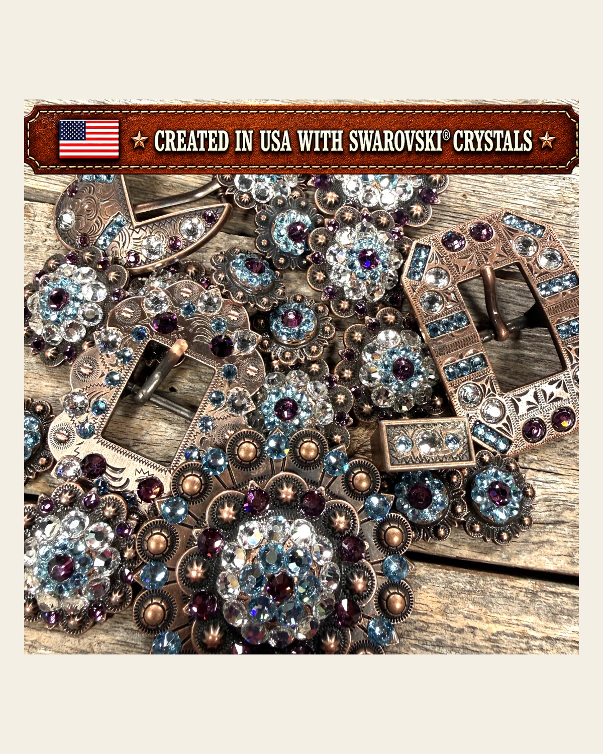 Copper Amethyst - Aqua - Clear Crystal Conchos | Sizes 1"- 3" | Buckles | Saddle Set | Leather Rosettes | Slide on a warm cream background