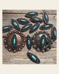 Copper and Antique Silver Turquoise Ellipse Concho #W266 on a warm cream background
