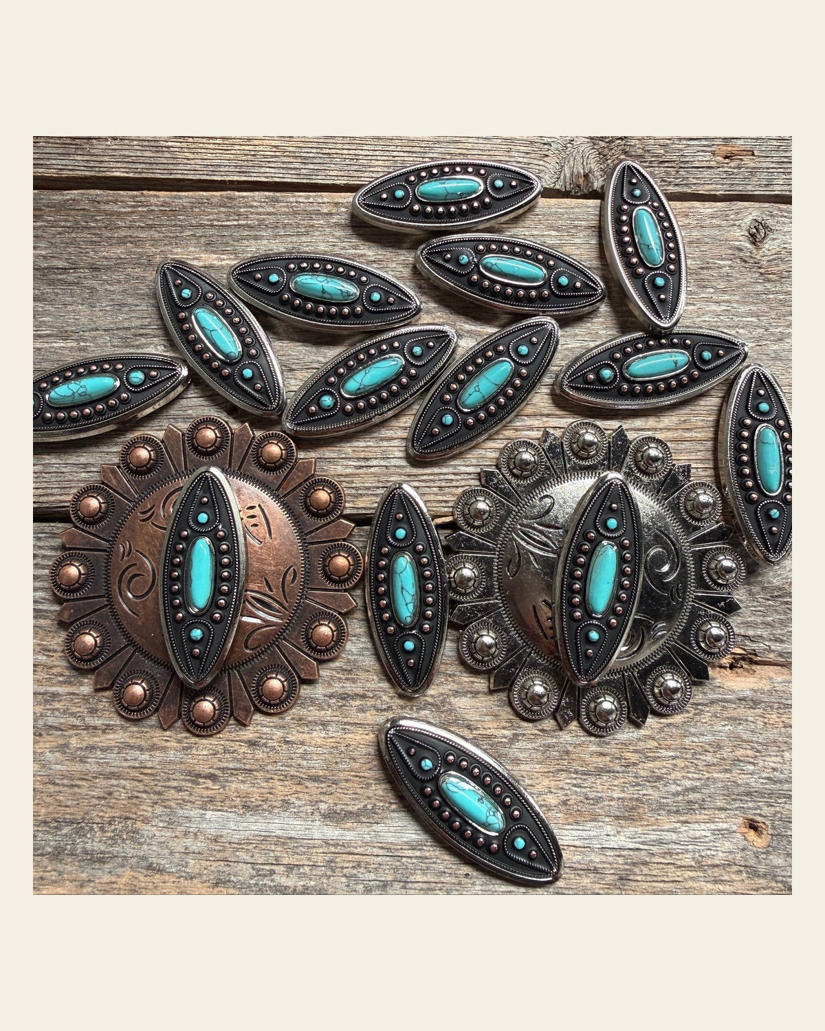 Copper and Antique Silver Turquoise Ellipse Concho #W266 on a warm cream background