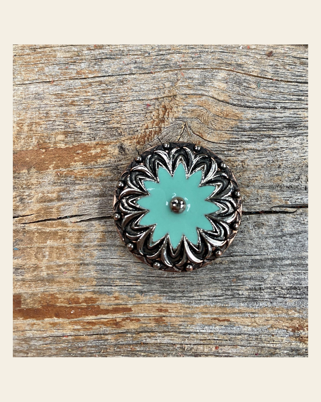 Copper & Antique Silver Turquoise Flower Concho 1.25” W122L on a warm cream background