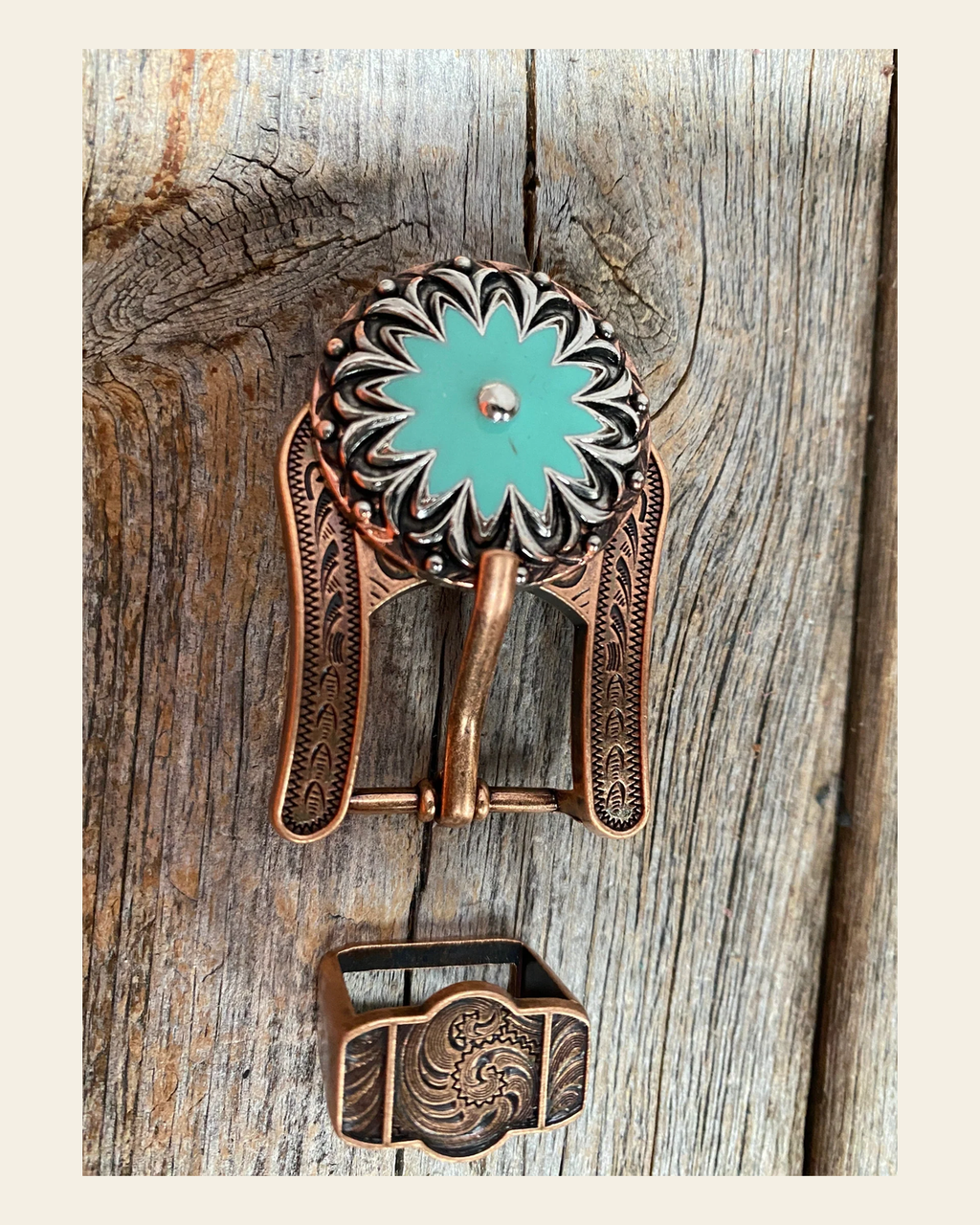 Copper & Antique Silver Turquoise Flower Concho Buckle Adapter W122COBA on a warm cream background