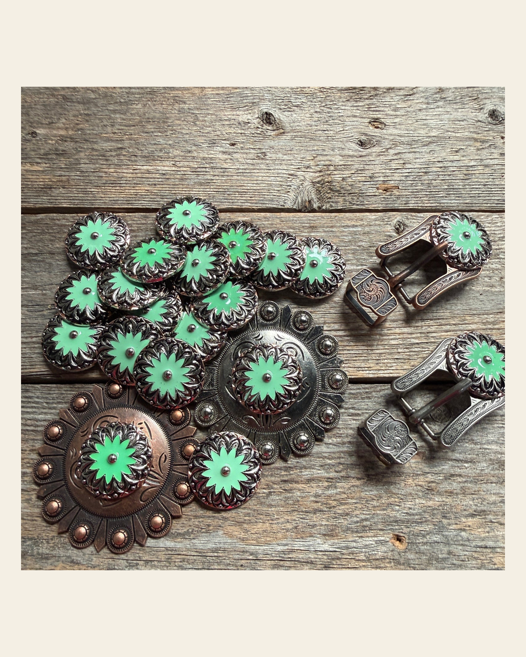 Copper & Antique Silver Turquoise Flower Western Concho W122 on a warm cream background