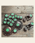 Copper & Antique Silver Turquoise Flower Western Concho W122 on a warm cream background