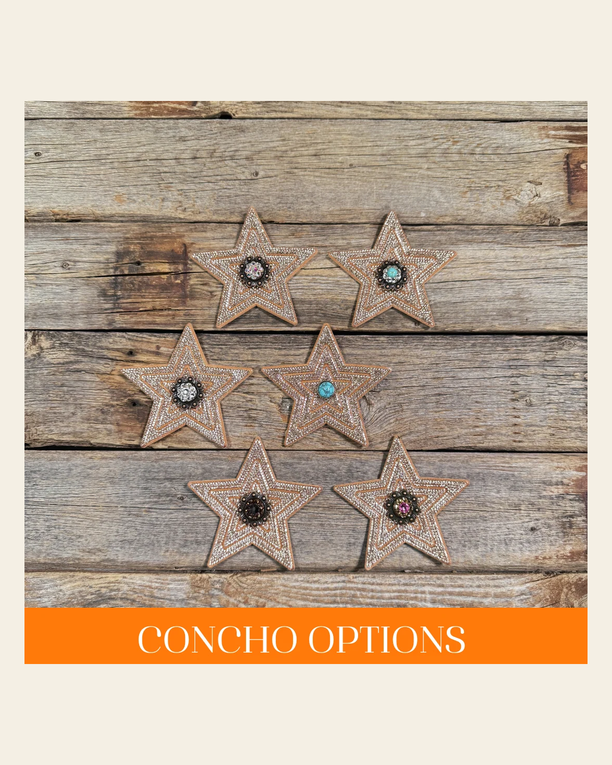 Copper Big Star Rhinestone Rosette - Assorted Conchos on a warm cream background