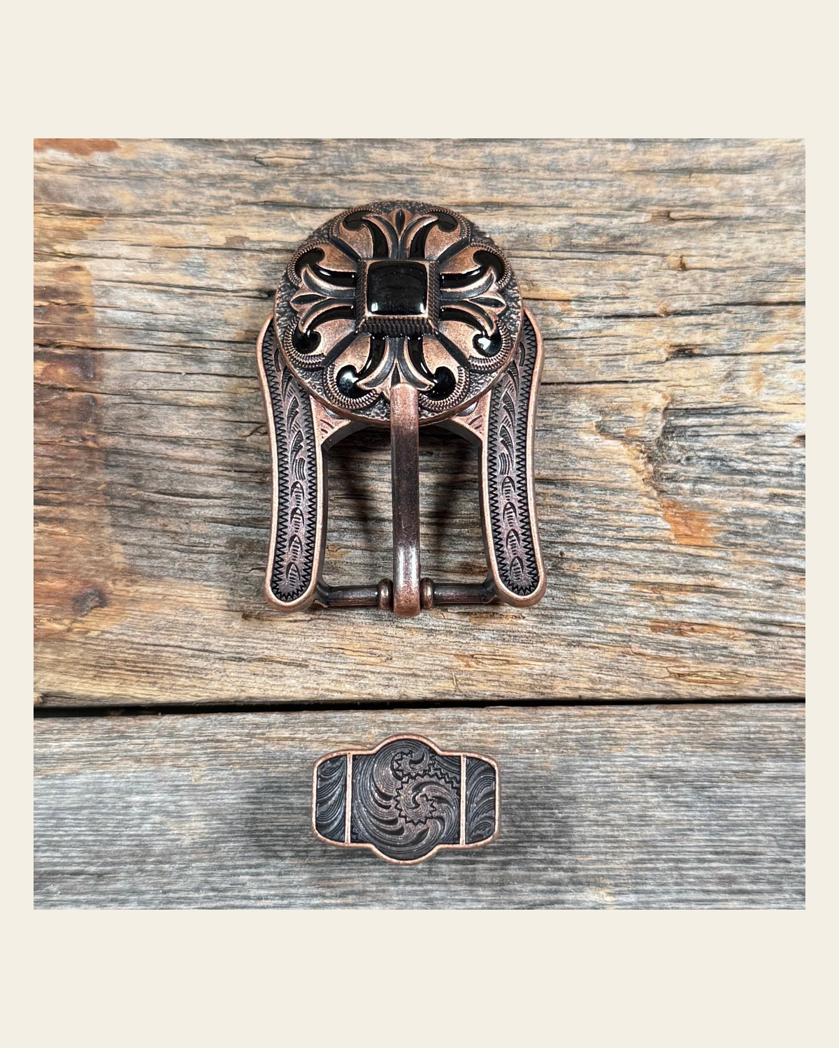 Copper Black Fleur De Lis Buckle Adapter 1.25” W241COBA on a warm cream background