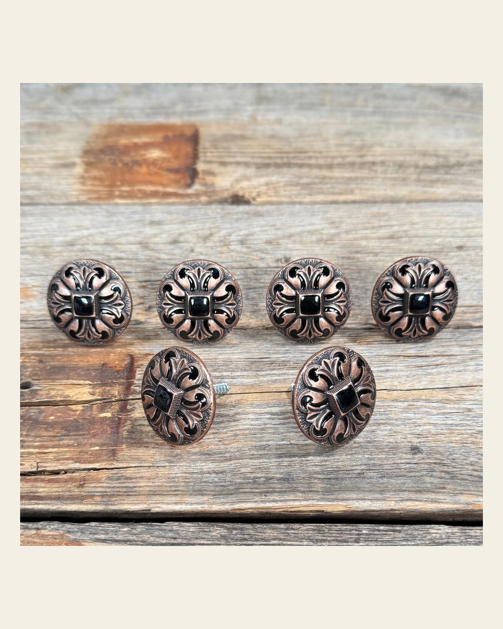 Copper Black Fleur De Lis Saddle Set SSW241 on a warm cream background
