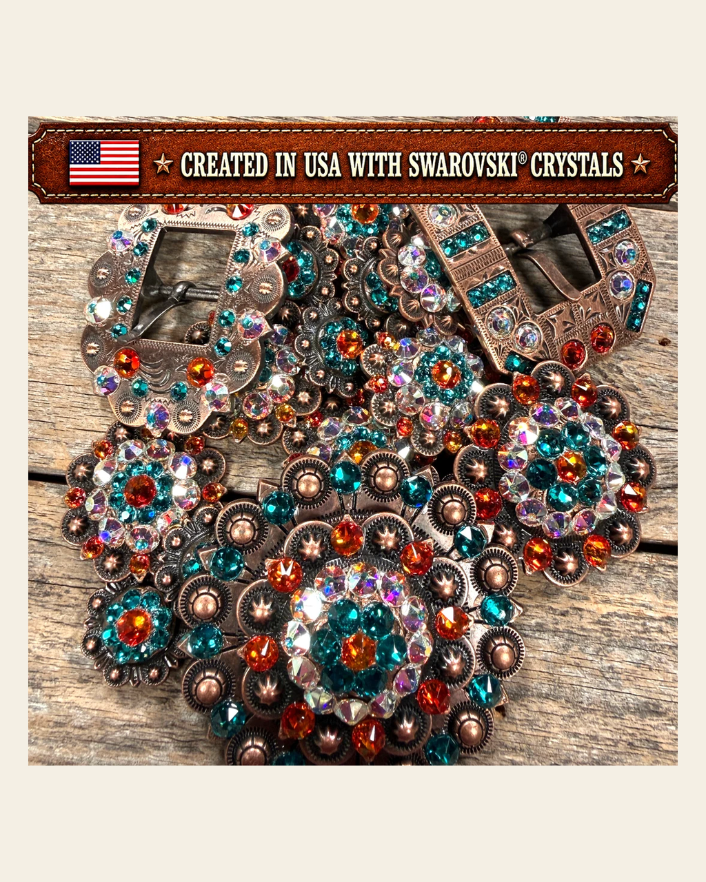 Copper Fire Opal - Teal - AB Crystal Conchos | Sizes 1"- 3" | Buckles | Saddle Set | Leather Rosettes | Slide on a warm cream background