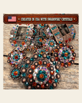 Copper Fire Opal - Teal - AB Crystal Conchos | Sizes 1"- 3" | Buckles | Saddle Set | Leather Rosettes | Slide on a warm cream background