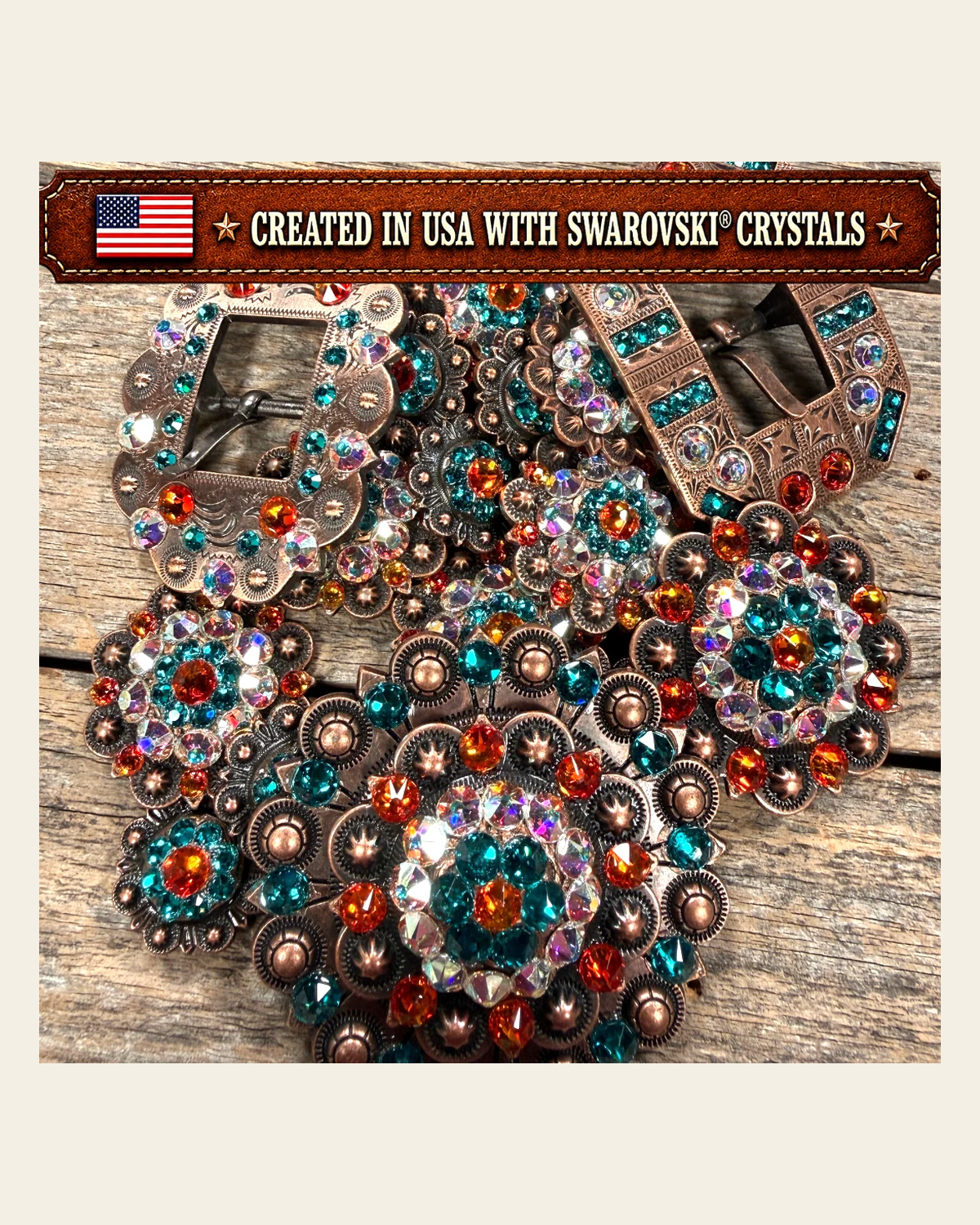 Copper Fire Opal - Teal - AB Crystal Conchos | Sizes 1"- 3" | Buckles | Saddle Set | Leather Rosettes | Slide on a warm cream background