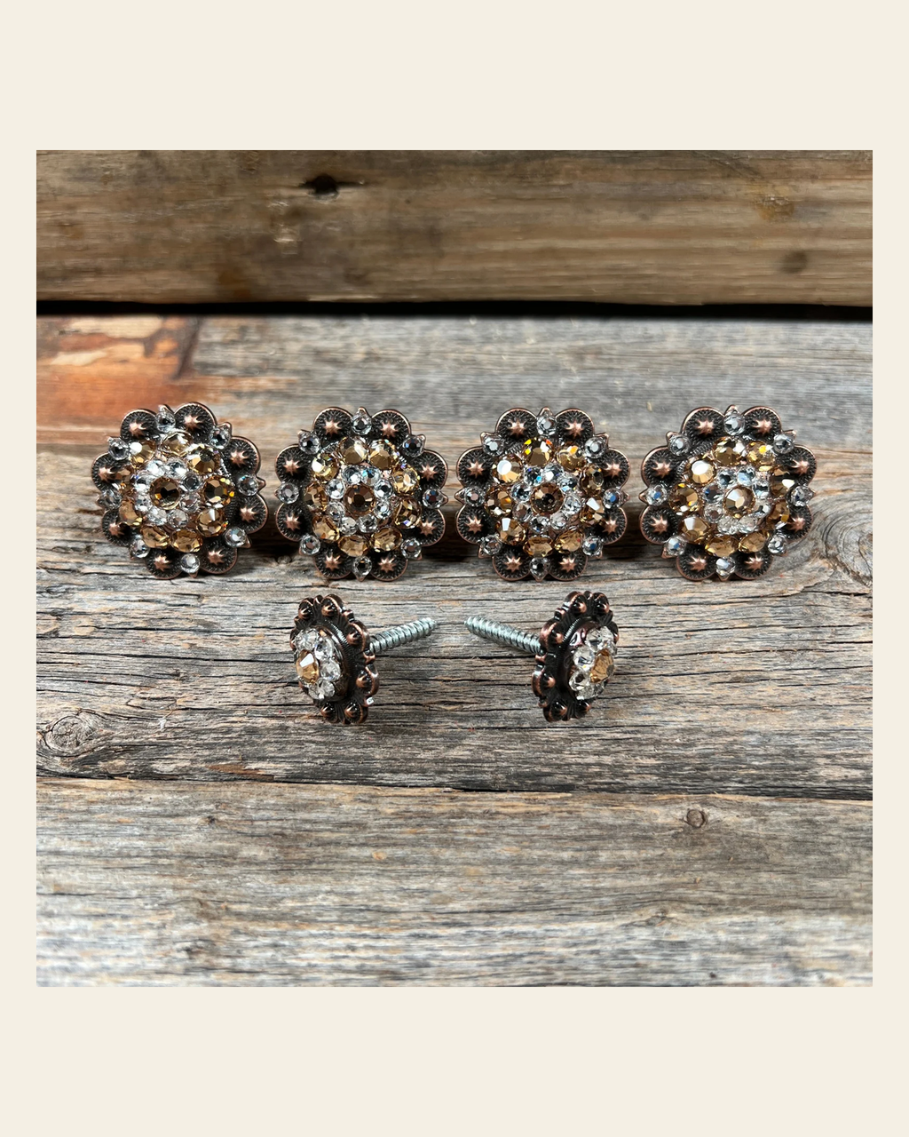 Copper Champagne and Clear Saddle Conchos on a warm cream background