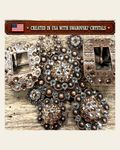 Copper Champagne - Clear Crystal Conchos | Sizes 1"- 3" | Buckles | Saddle Set | Leather Rosettes | Slide on a warm cream background