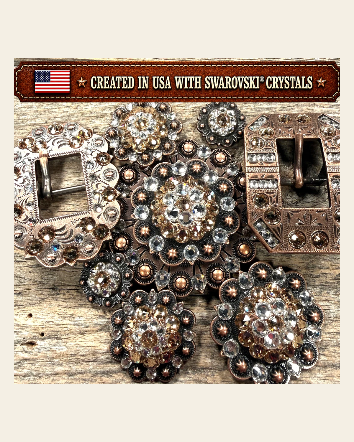 Copper Champagne - Clear Crystal Conchos | Sizes 1"- 3" | Buckles | Saddle Set | Leather Rosettes | Slide on a warm cream background
