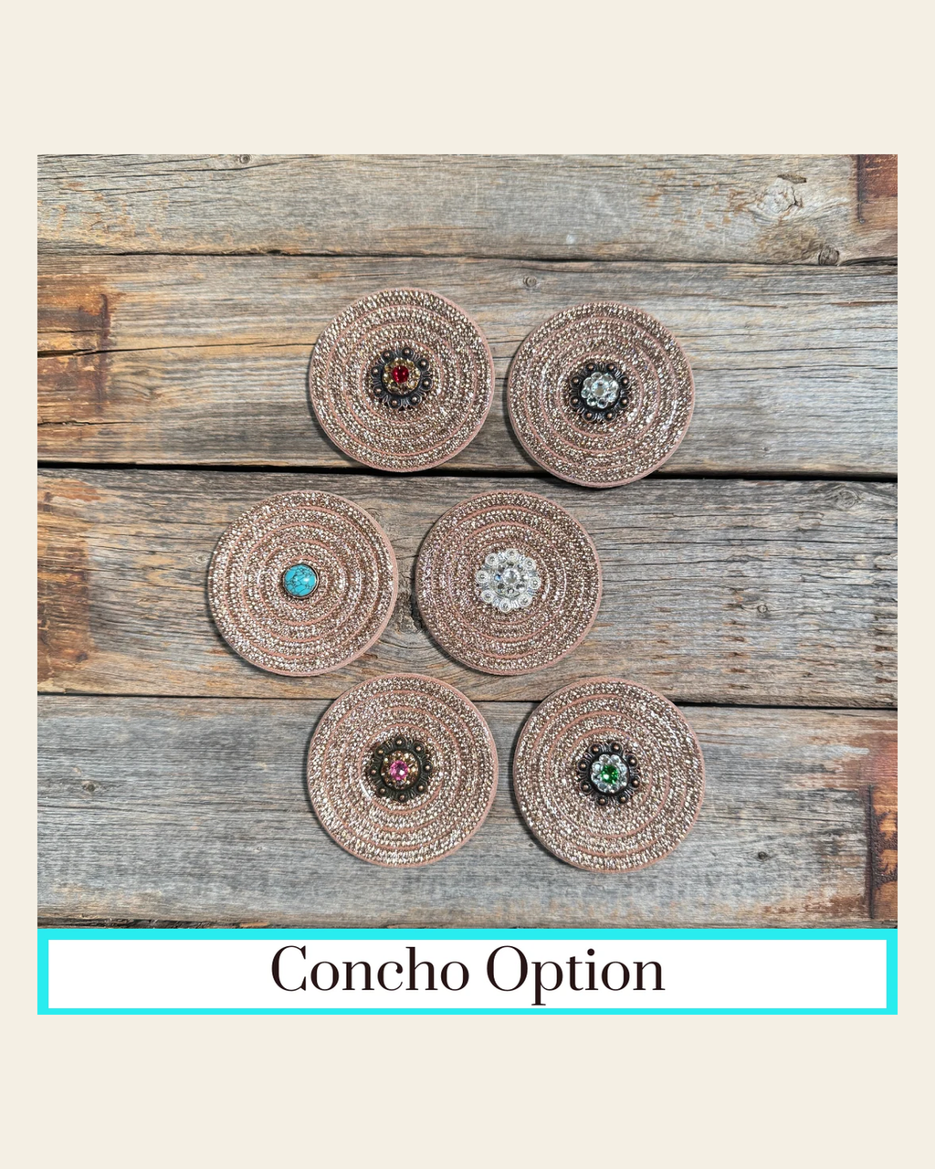 Copper Circle Rhinestone Rosette - Assorted Conchos on a warm cream background