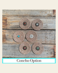 Copper Circle Rhinestone Rosette - Assorted Conchos on a warm cream background