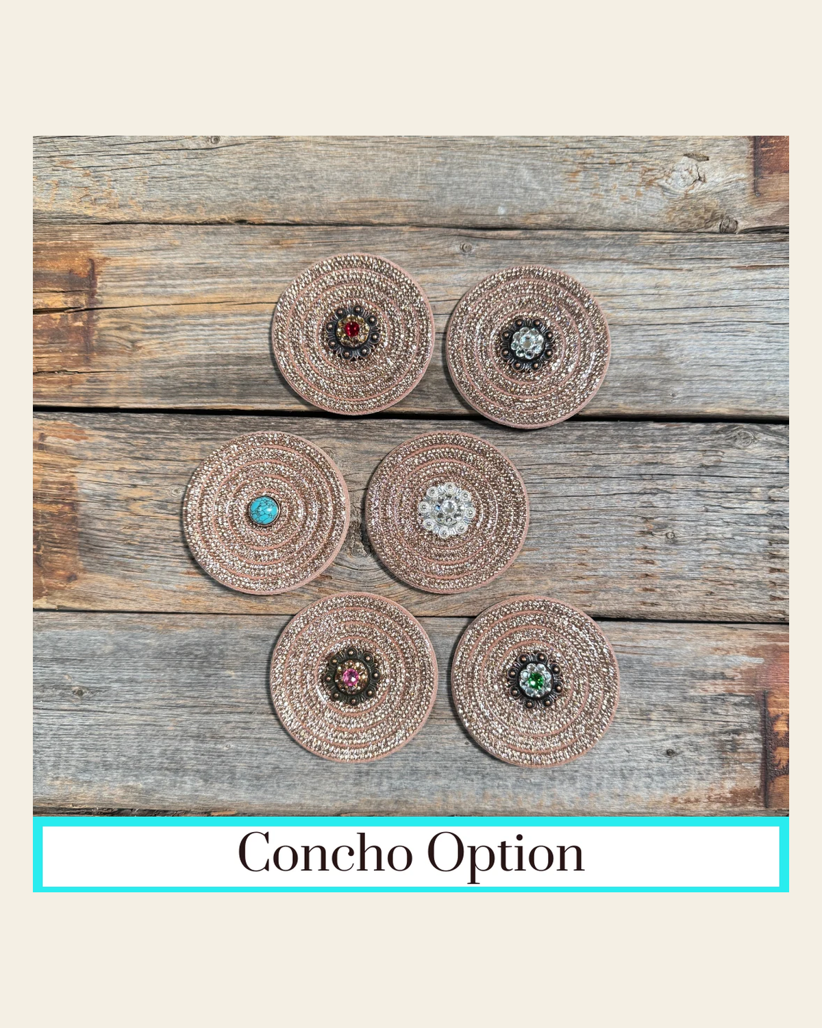 Copper Circle Rhinestone Rosette - Assorted Conchos on a warm cream background