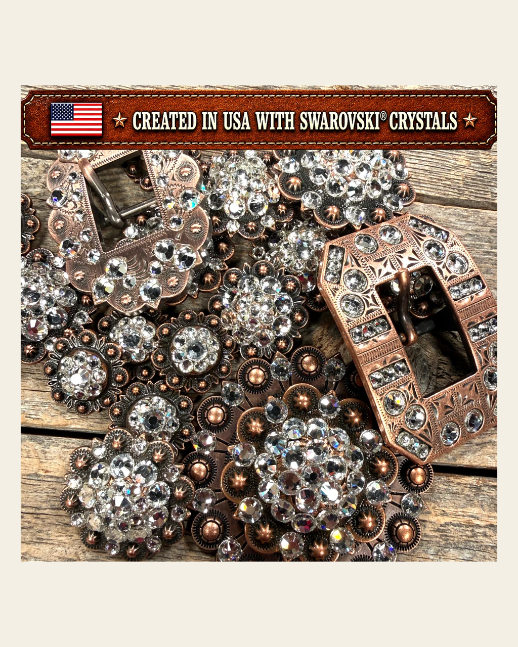 Copper Clear Crystal Conchos | Sizes 1"- 3" | Buckles | Saddle Set | Leather Rosettes | Slide on a warm cream background