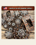 Copper Clear Crystal Conchos | Sizes 1"- 3" | Buckles | Saddle Set | Leather Rosettes | Slide on a warm cream background