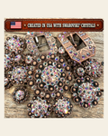 Copper AB Crystal Conchos | Sizes 1"- 3" | Buckles | Saddle Set | Leather Rosettes | Slide on a warm cream background