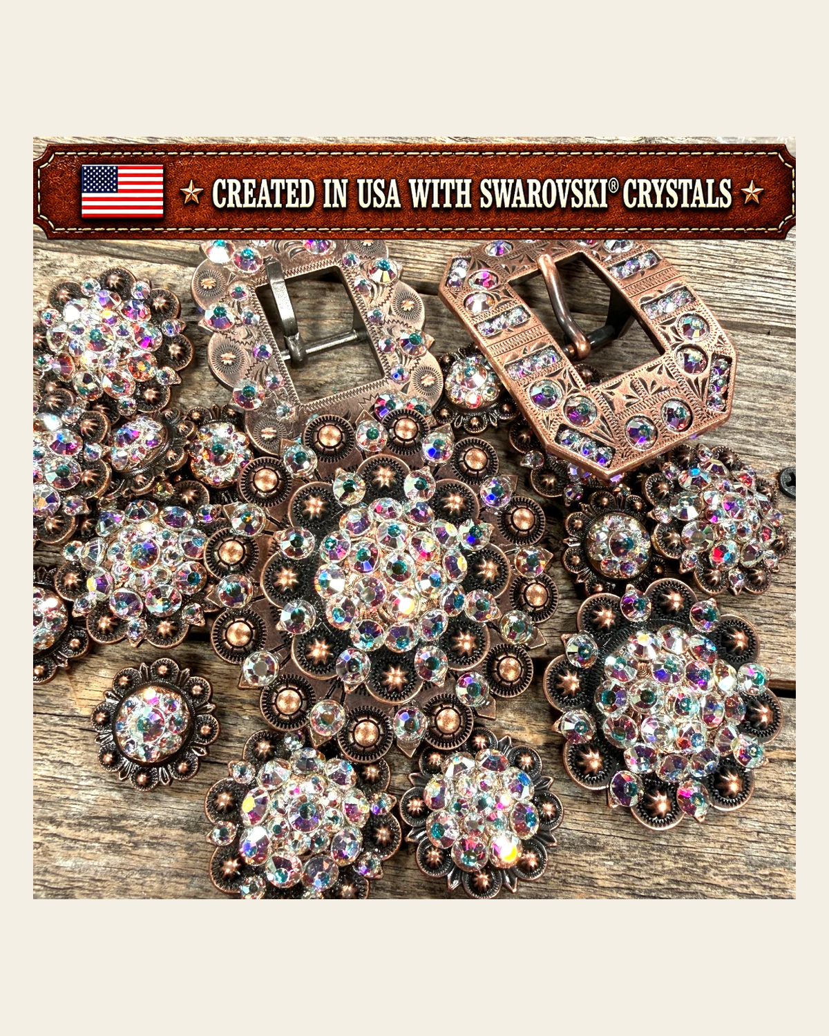 Copper AB Crystal Conchos | Sizes 1"- 3" | Buckles | Saddle Set | Leather Rosettes | Slide on a warm cream background