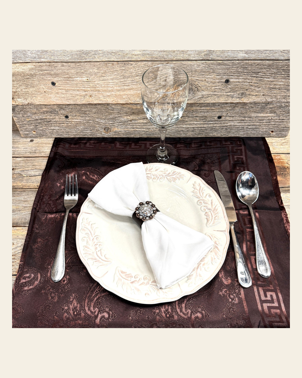 Copper Clear Crystal Concho Napkin Ring #CNR100 on a warm cream background