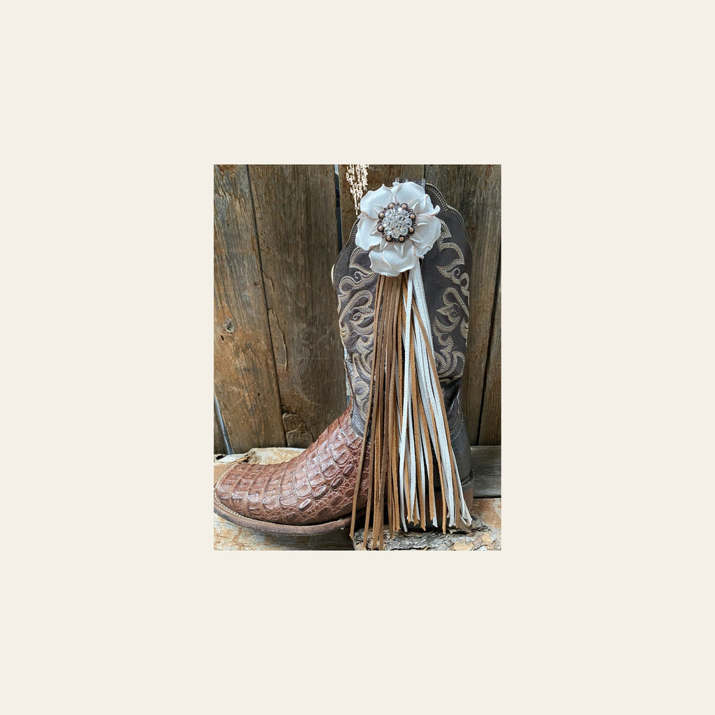 Boot Cuff Jewelry - White Leather Flower - Concho - Fringe