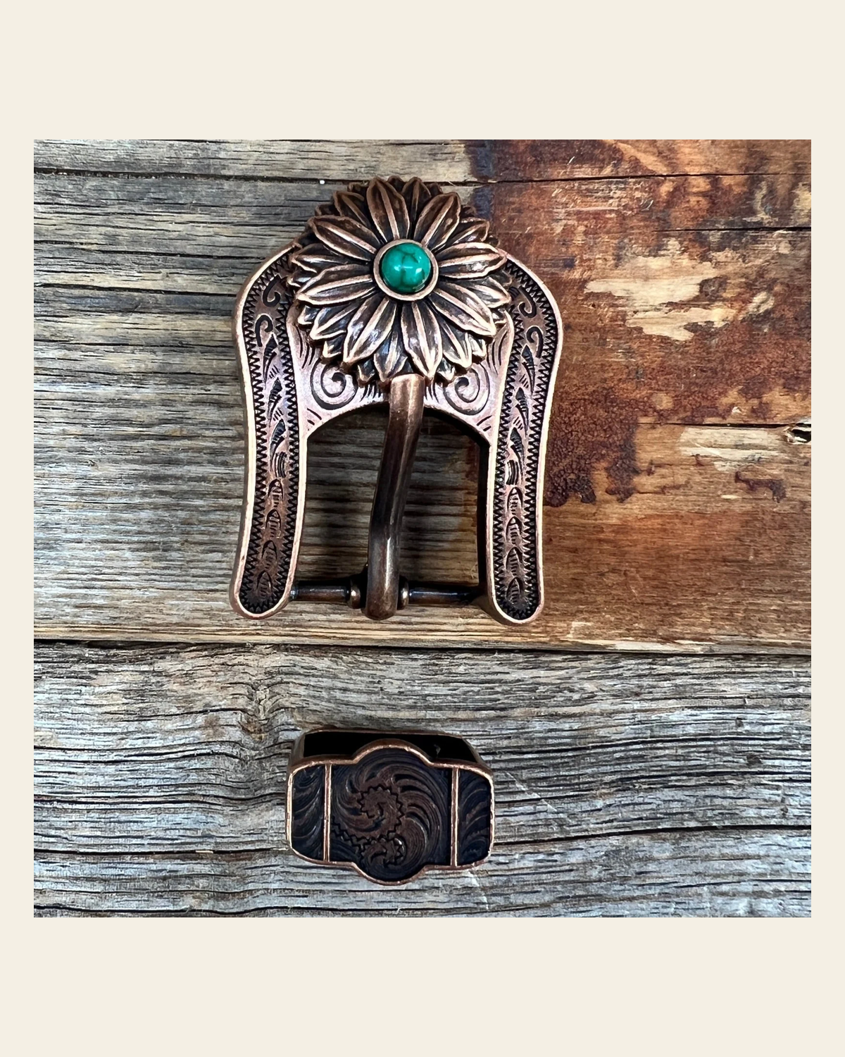 Copper Daisy Turquoise Concho Buckle Adapter W132COBA on a warm cream background