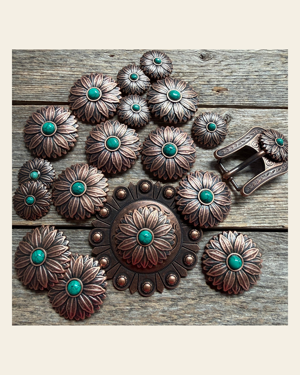 Copper Daisy Turquoise Western Concho W132 on a warm cream background
