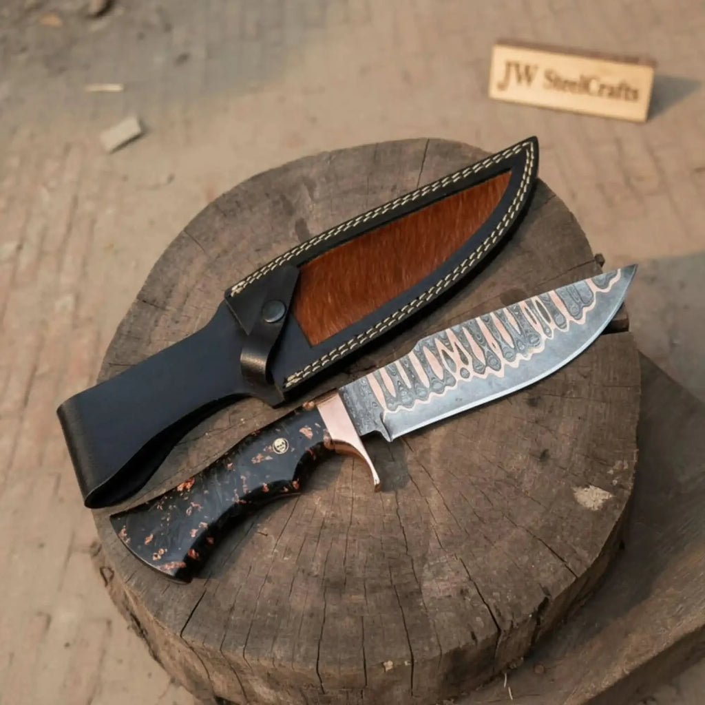 Custom Copper Damascus Bowie Hunter with Resin Handle