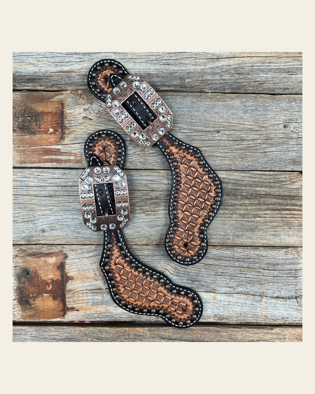 Copper Dot Honeycomb Clear Spur Straps #SS127 on a warm cream background