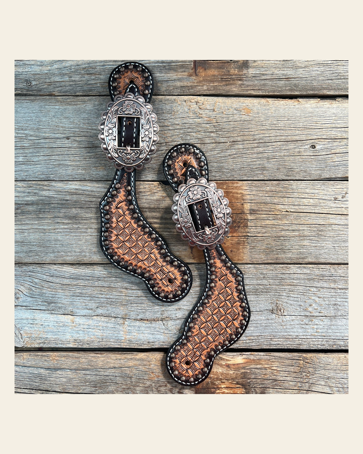 Copper Dot Honeycomb Floral Spur Straps - Copper Flower #SS122 on a warm cream background