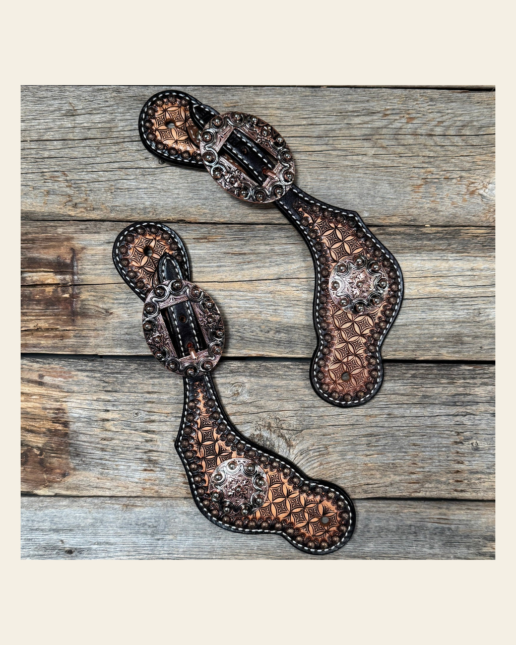 Copper Dot Honeycomb Floral Spur Straps - Western Conchos #SS134 on a warm cream background