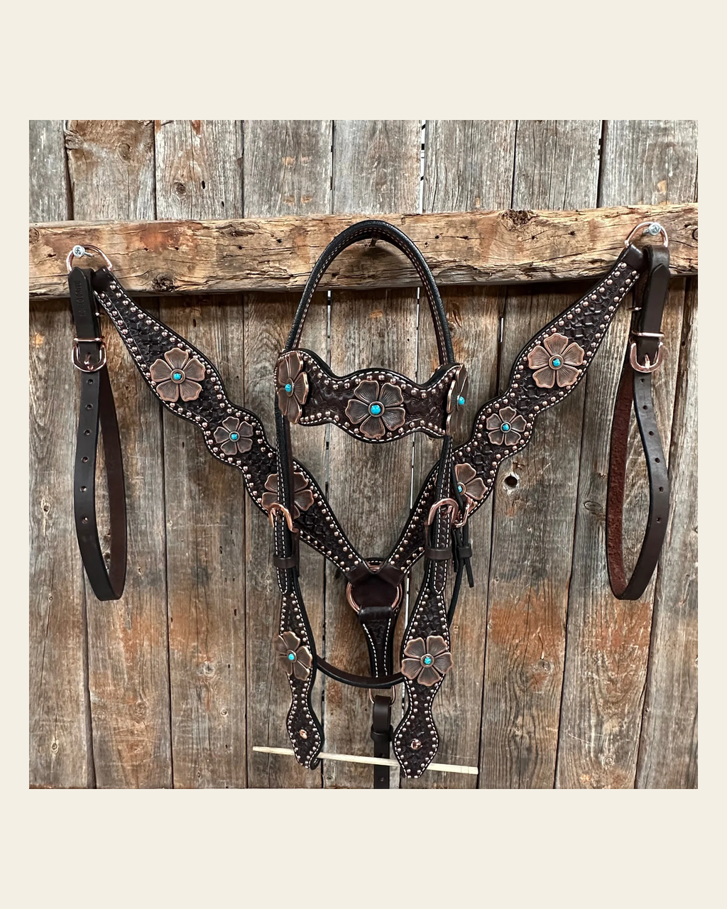 Copper Dot Honeycomb Flower and Turquoise Browband / One Ear Tack Set #BBBC563 on a warm cream background