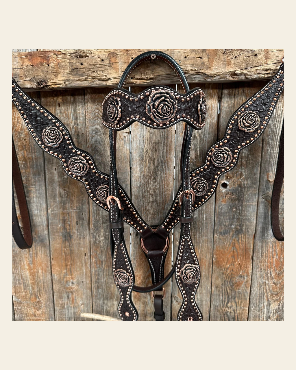 Copper Dot Honeycomb Rose Browband / One Ear Tack Set #BBBC554 on a warm cream background