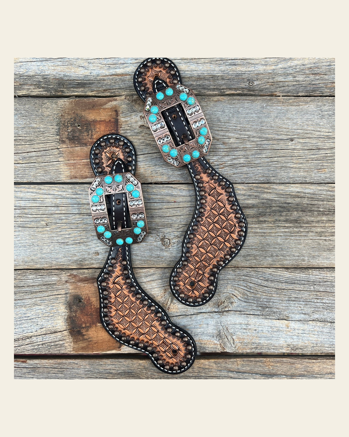 Copper Dot Honeycomb Turquoise, Clear Spur Straps #SS131 on a warm cream background