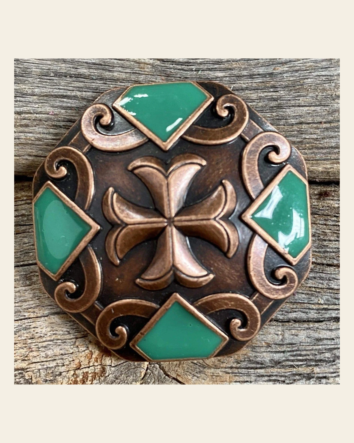 Copper Emerald Green Concho 1.5" W209L on a warm cream background