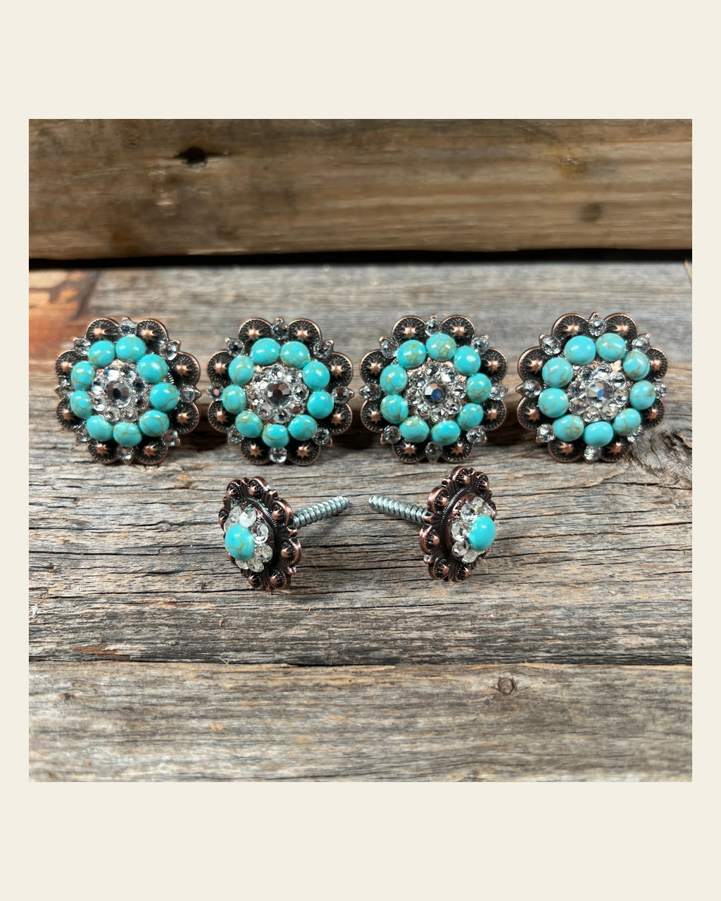 Copper Fashion Turquoise and Clear Saddle Conchos on a warm cream background