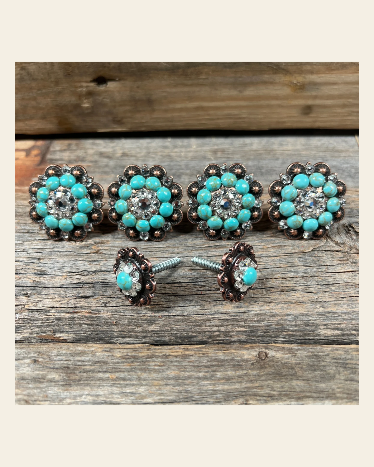 Copper Fashion Turquoise and Clear Saddle Conchos on a warm cream background