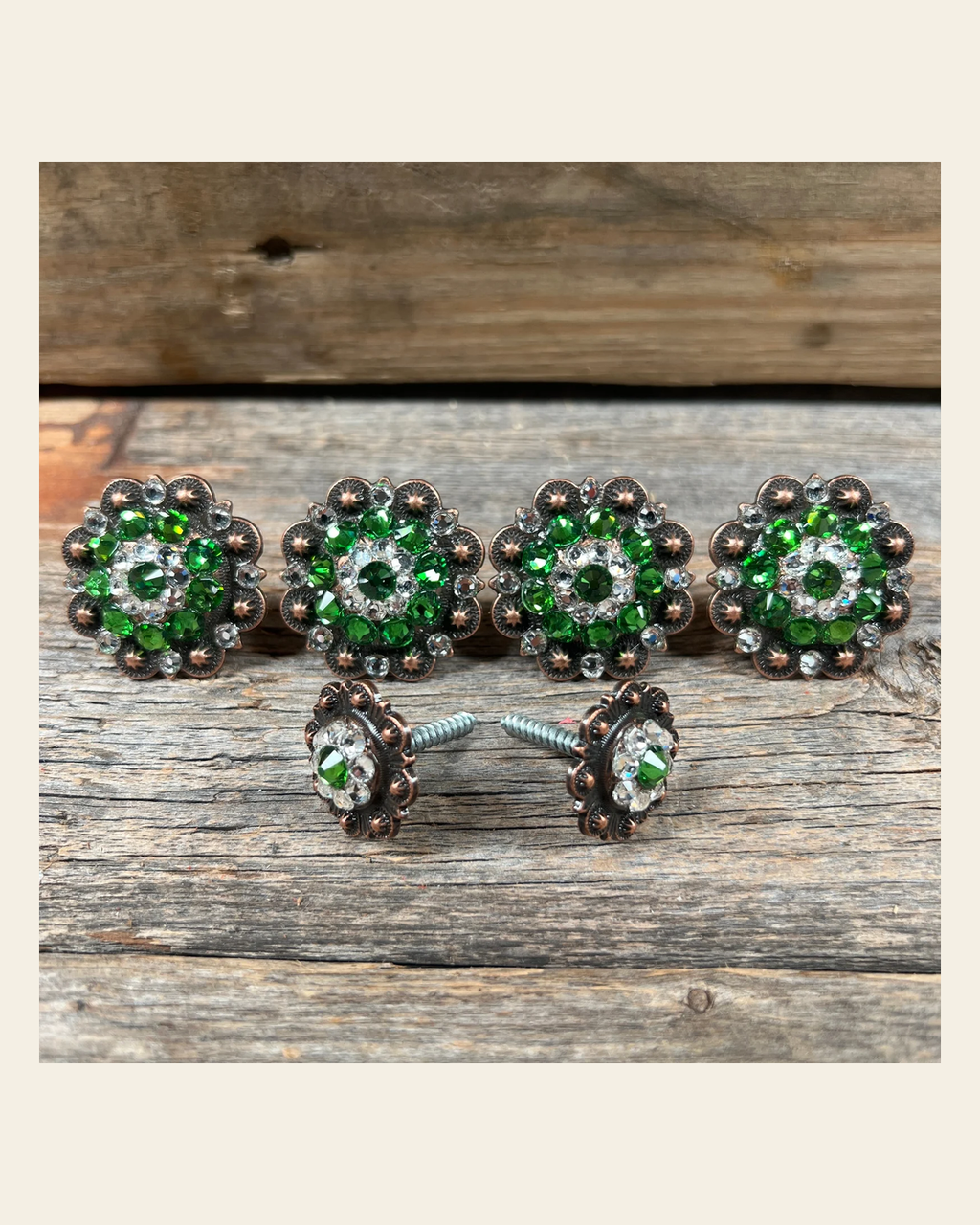 Copper Fern and Clear Saddle Conchos on a warm cream background