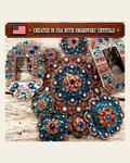 Copper Capri - Fire Opal - Teal Crystal Conchos | Sizes 1"- 3" | Buckles | Saddle Set | Leather Rosettes | Slide on a warm cream background