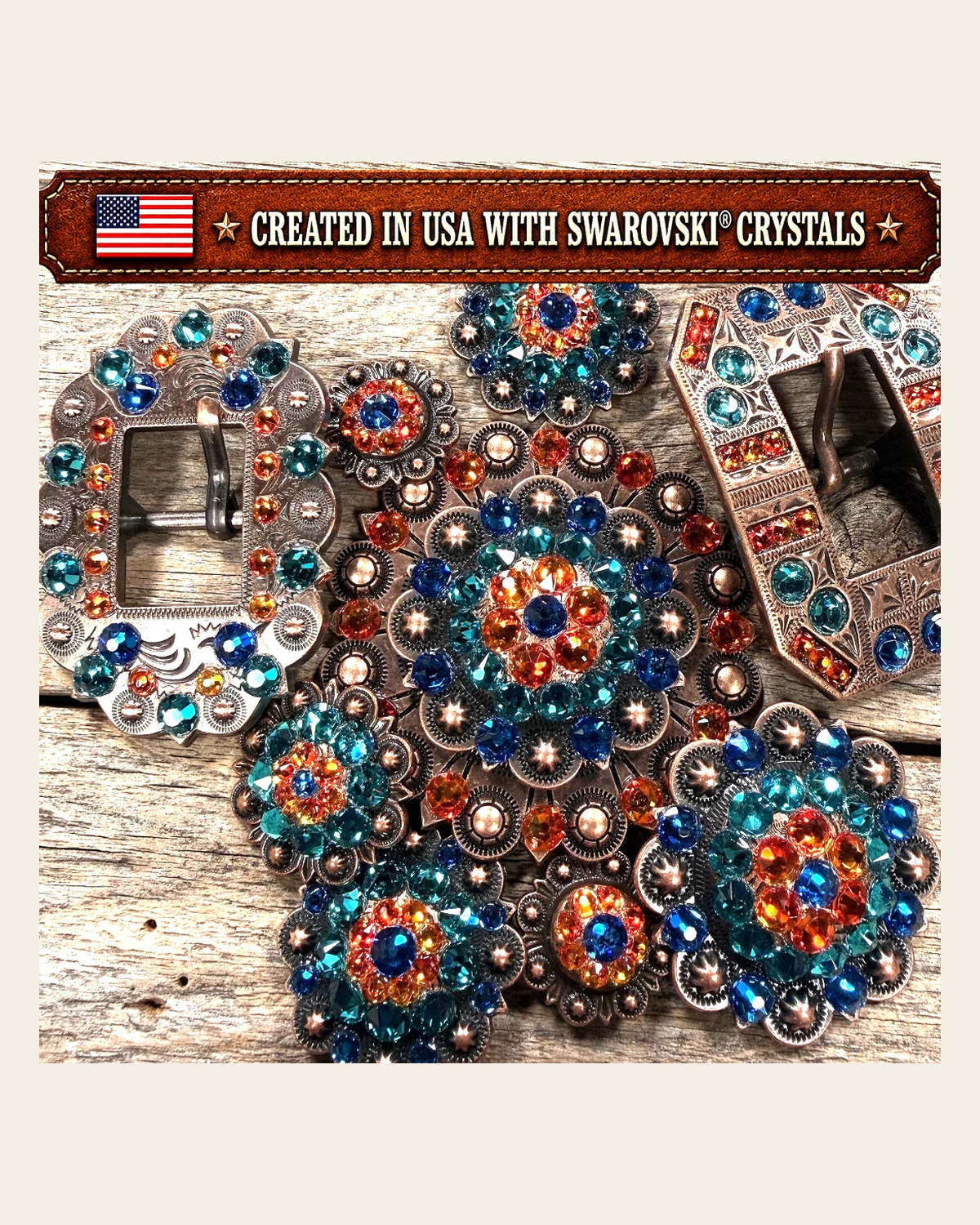 Copper Capri - Fire Opal - Teal Crystal Conchos | Sizes 1"- 3" | Buckles | Saddle Set | Leather Rosettes | Slide on a warm cream background