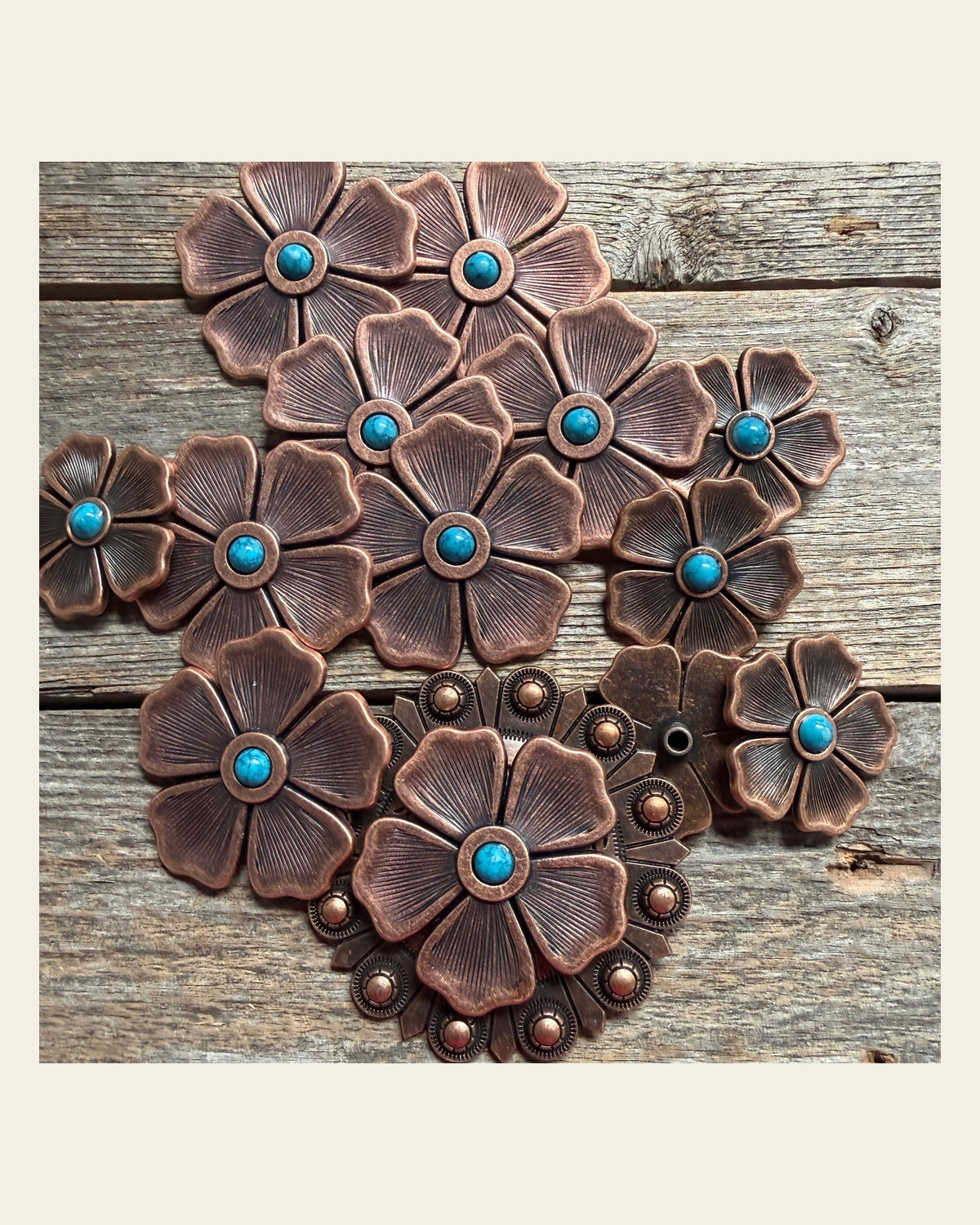 Copper Flower Turquoise Western Concho W111 on a warm cream background