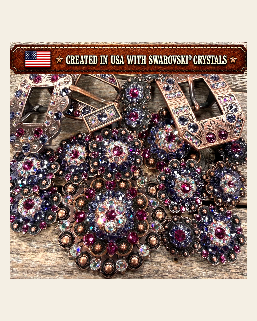 Copper Fuchsia - AB - Lilac Crystal Conchos | Sizes 1"- 3" | Buckles | Saddle Set | Leather Rosettes | Slide on a warm cream background