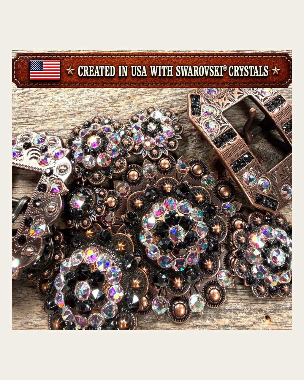 Copper Jet - AB Crystal Conchos | Sizes 1"- 3" | Buckles | Saddle Set | Leather Rosettes | Slide on a warm cream background