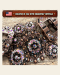 Copper Jet - AB Crystal Conchos | Sizes 1"- 3" | Buckles | Saddle Set | Leather Rosettes | Slide on a warm cream background