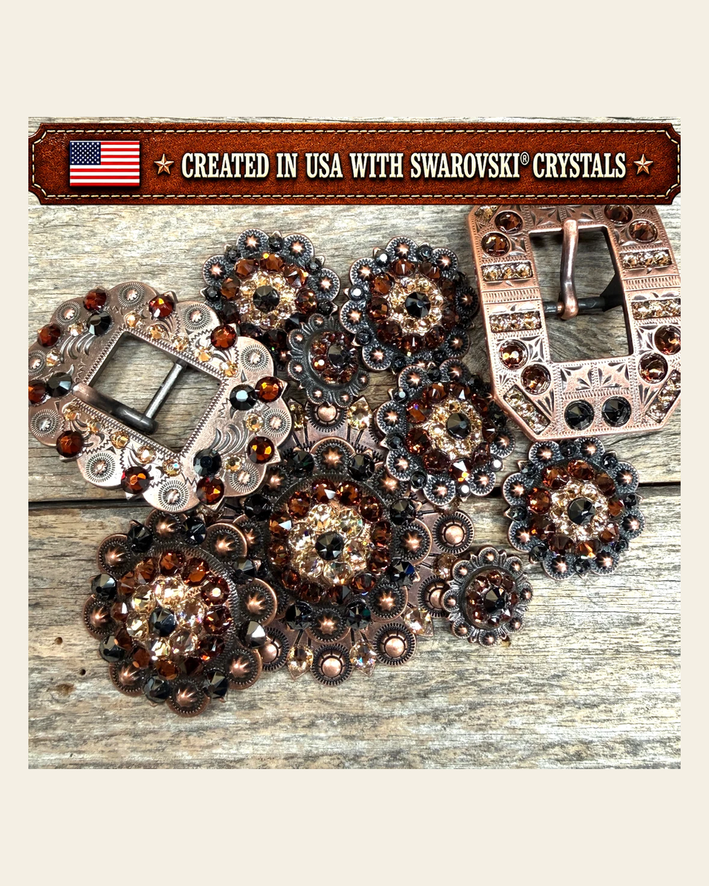 Copper Jet - Champagne - Topaz Crystal Conchos | Sizes 1"- 3" | Buckles | Saddle Set | Leather Rosettes | Slide on a warm cream background