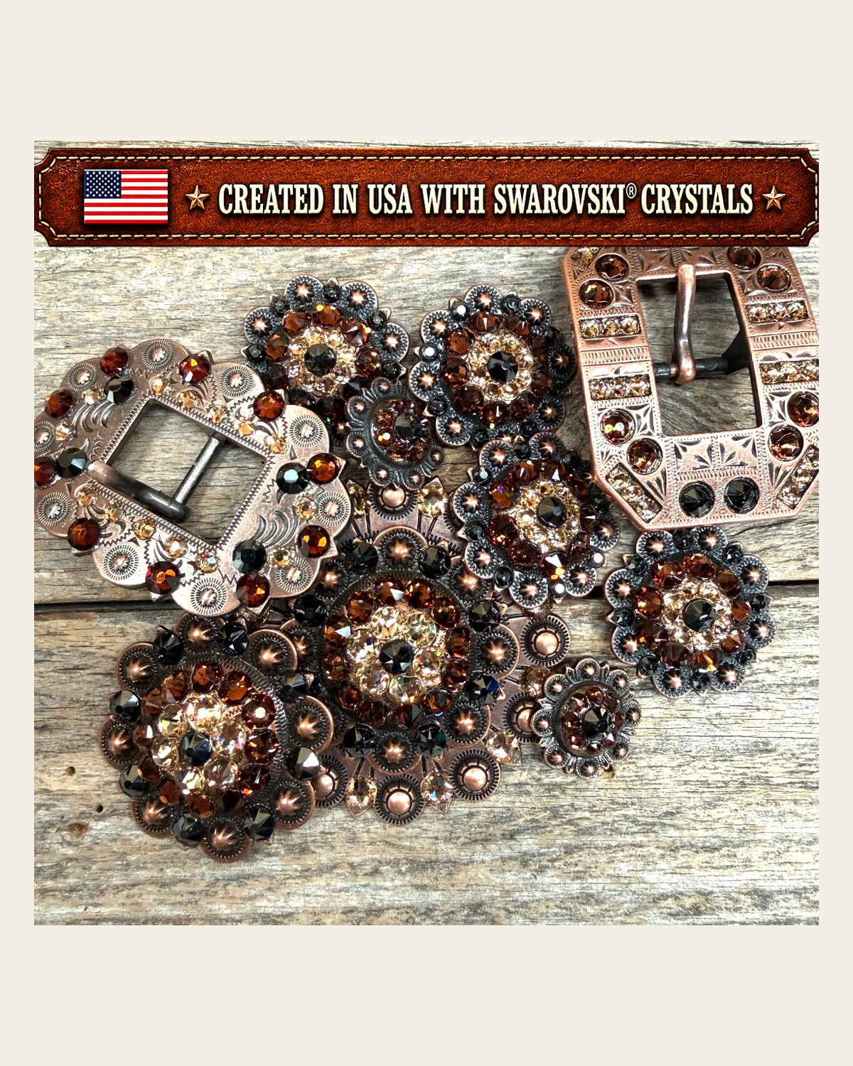 Copper Jet - Champagne - Topaz Crystal Conchos | Sizes 1"- 3" | Buckles | Saddle Set | Leather Rosettes | Slide on a warm cream background
