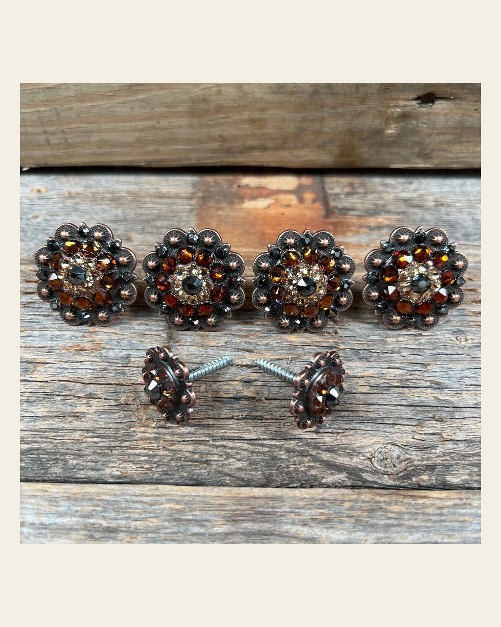 Copper Jet Champagne & Topaz Saddle Conchos on a warm cream background