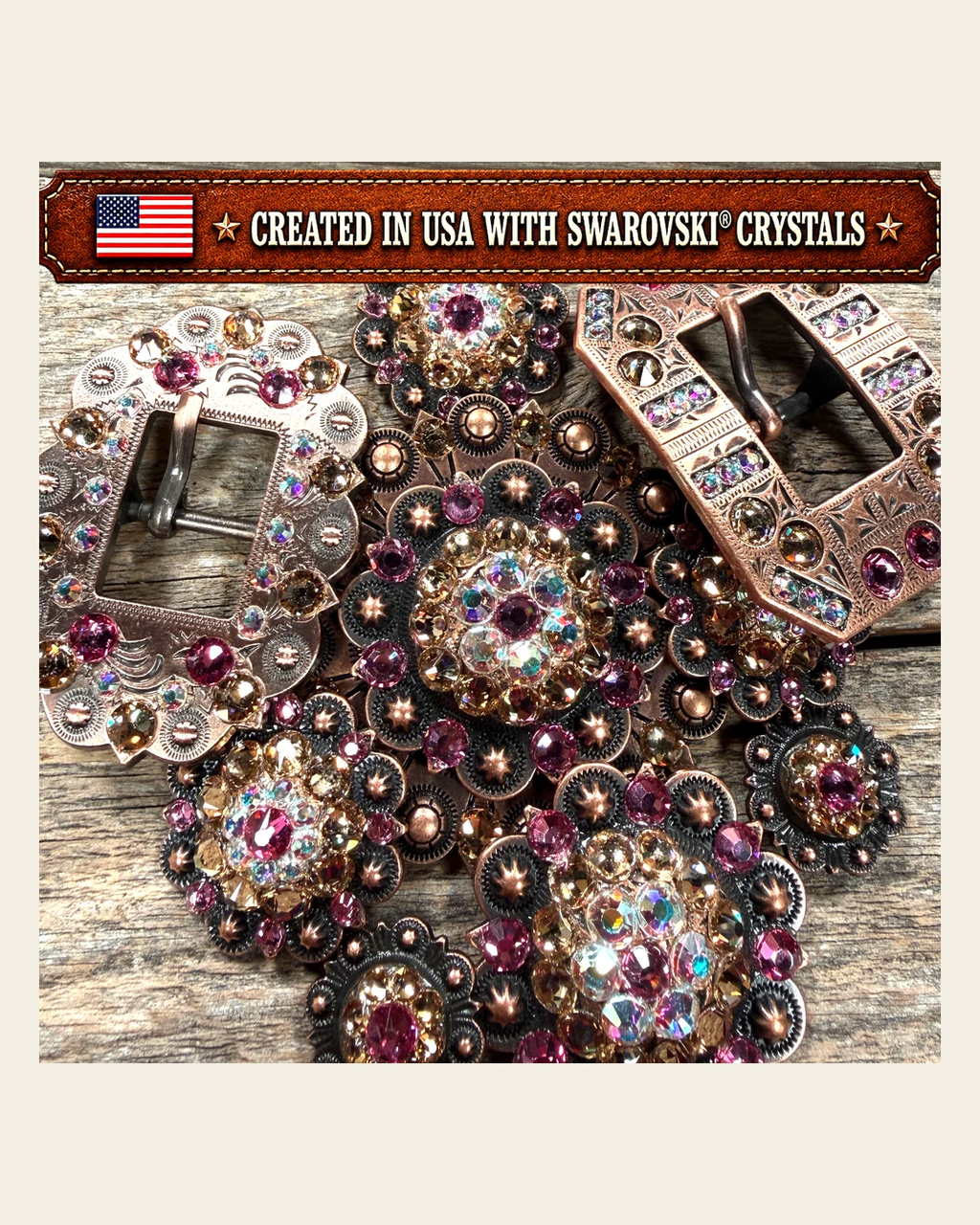 Copper Pink - AB - Champagne Crystal Conchos | Sizes 1"- 3" | Buckles | Saddle Set | Leather Rosettes | Slide on a warm cream background