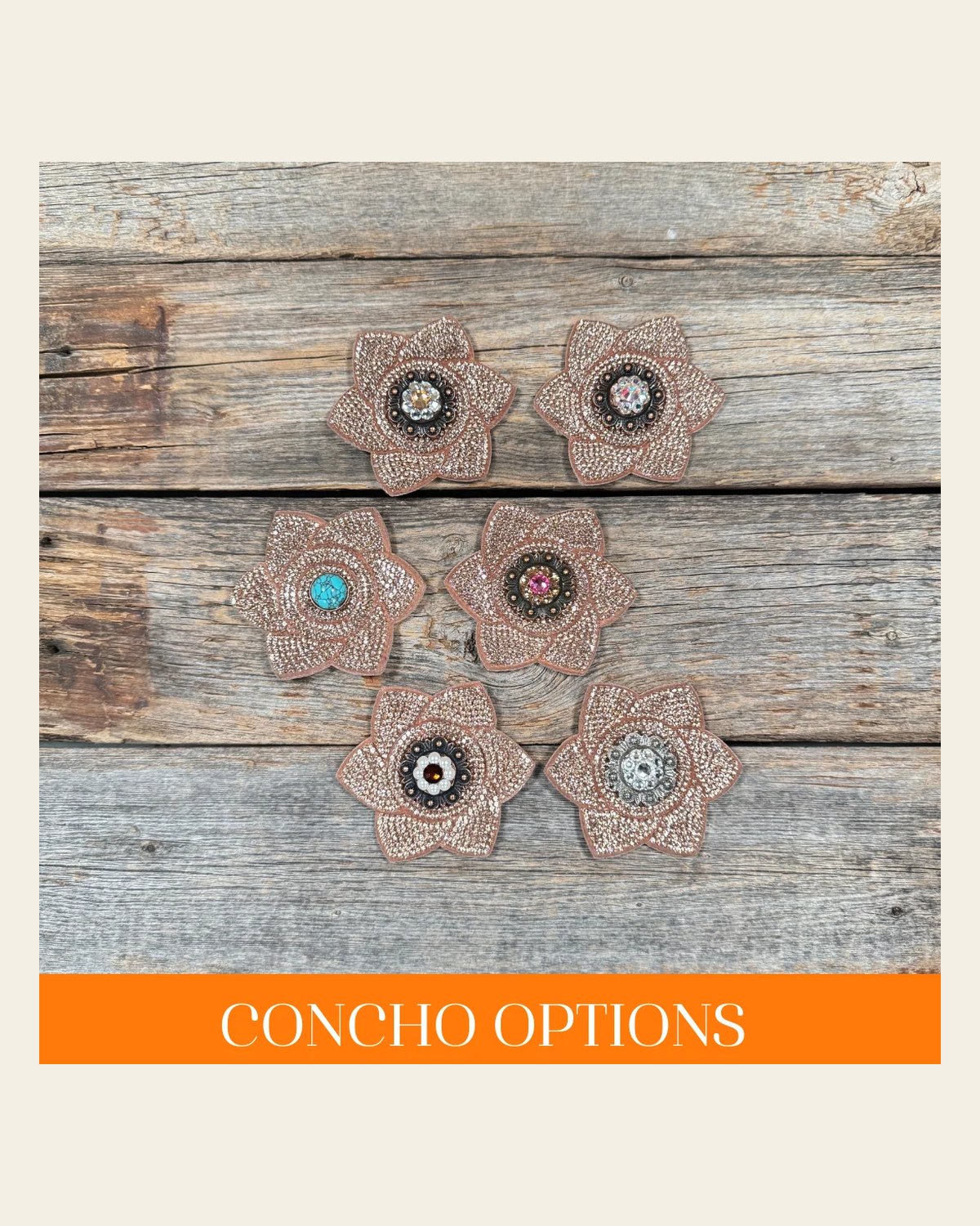 Copper Pointed Flower Rhinestone Rosette - Assorted Conchos on a warm cream background