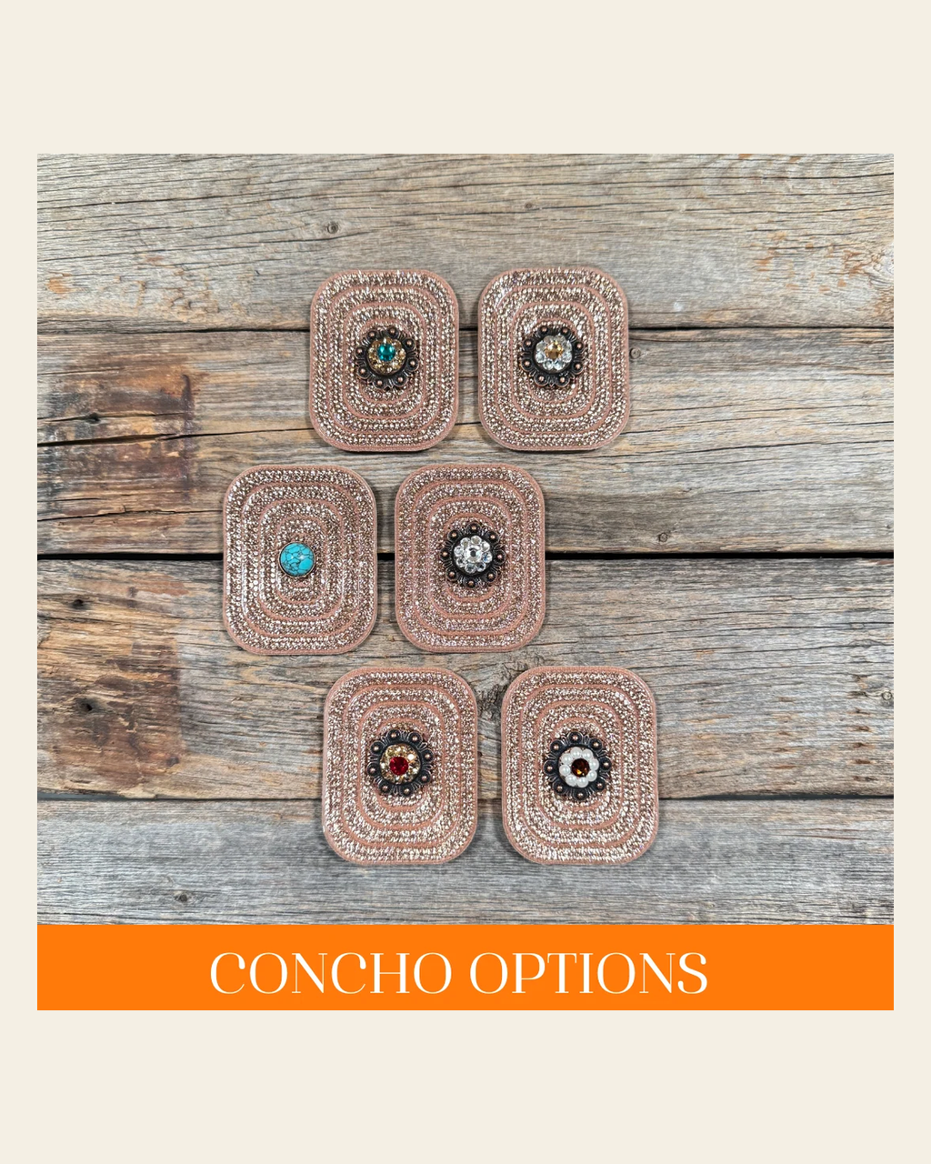 Copper Rectangle Rhinestone Rosette - Assorted Conchos on a warm cream background